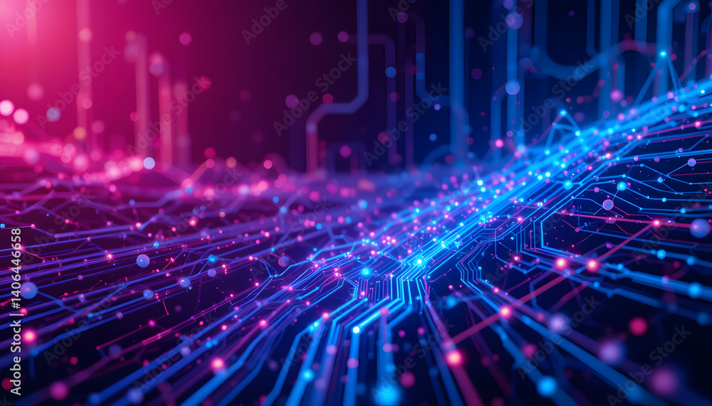 Fototapeta premium Blue and purple neon lights, misty metallic background, scifi city