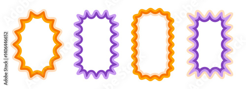 Retro wave pattern frame set. Scalloped rectangle and ellipse border collection. Wavy edge shapes in 80s style for decoration, text box, copy space, poster, banner. Vintage wiggly element pack. Vector