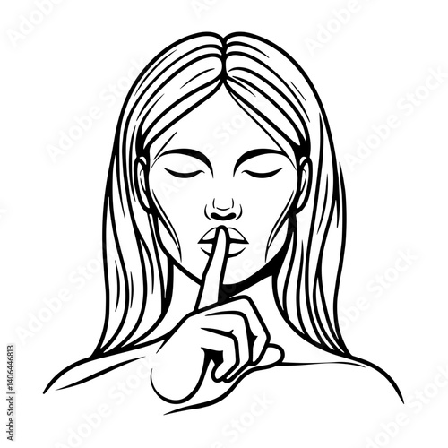 Minimalistic line art illustration of silent treatment gesture, symbolizing a call for quiet