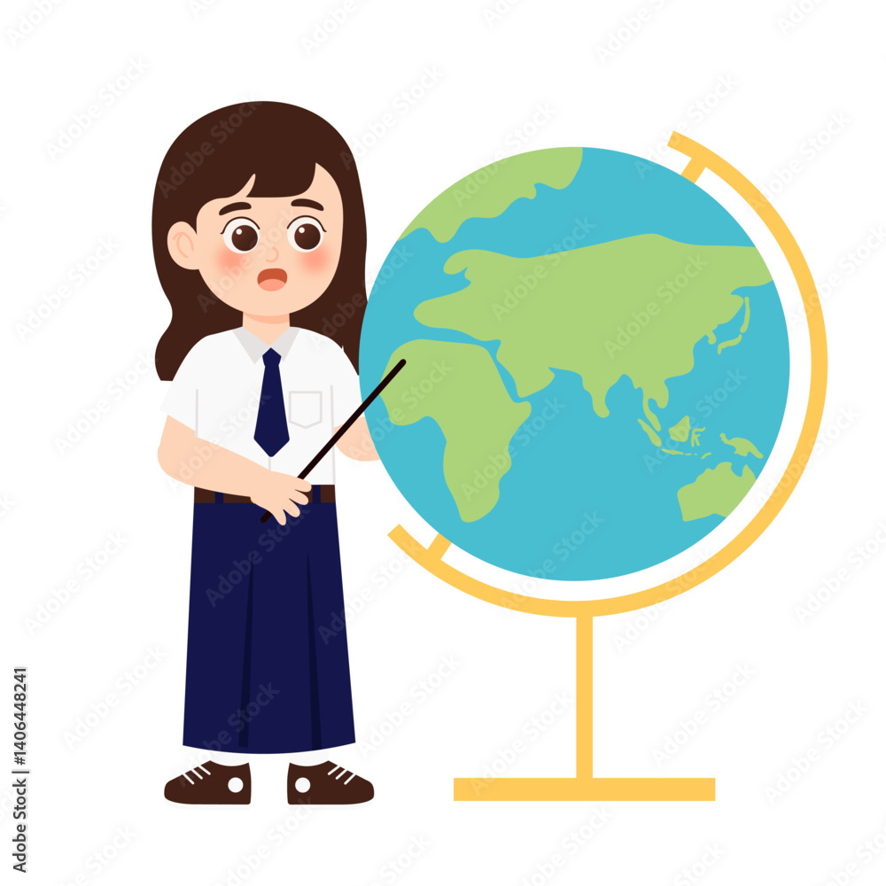 Fototapeta premium Classroom School Activity 2 Girl Pointing at Globe in Classroom