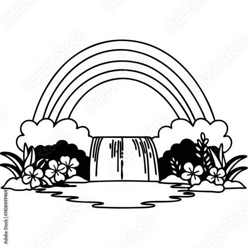 Serene Waterfall Scene with Rainbow and Flowers Coloring Page, children's book illustration style