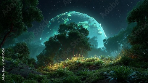 Underwater Planet Glowing View Under Starry Jungles