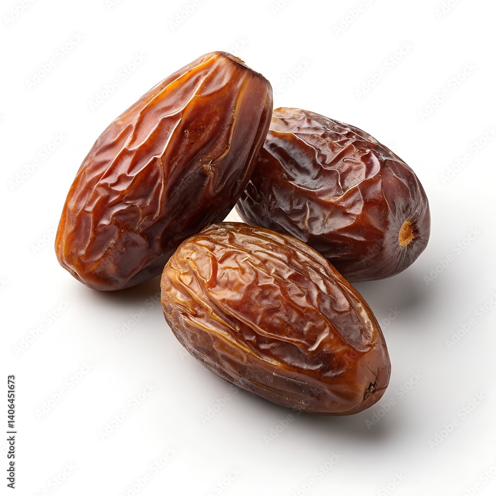 Date fruit, single or in small bunch, realistic detail, hyper-realistic texture, rich brown tones Date fruit, single or in small bunch, realistic detail, hyper-realistic texture, rich brown tones