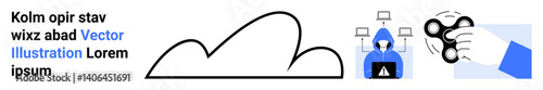 Cloud network icon, masked hacker accessing system, and user hand interacting with a token device. Ideal for technology, data protection, cybersecurity, cloud storage, network security