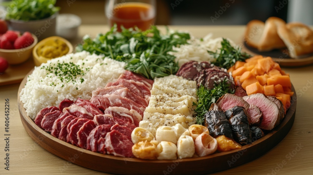 A beautifully arranged platter of various meats, rice, and vegetables, showcasing a colorful and appetizing meal. A beautifully arranged platter of various meats, rice, and vegetables, showcasing a colorful and appetizing meal.