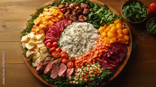 Wallpaper Mural A vibrant platter featuring an assortment of meats, cheeses, fruits, and vegetables, artfully arranged around a central portion of rice. Torontodigital.ca