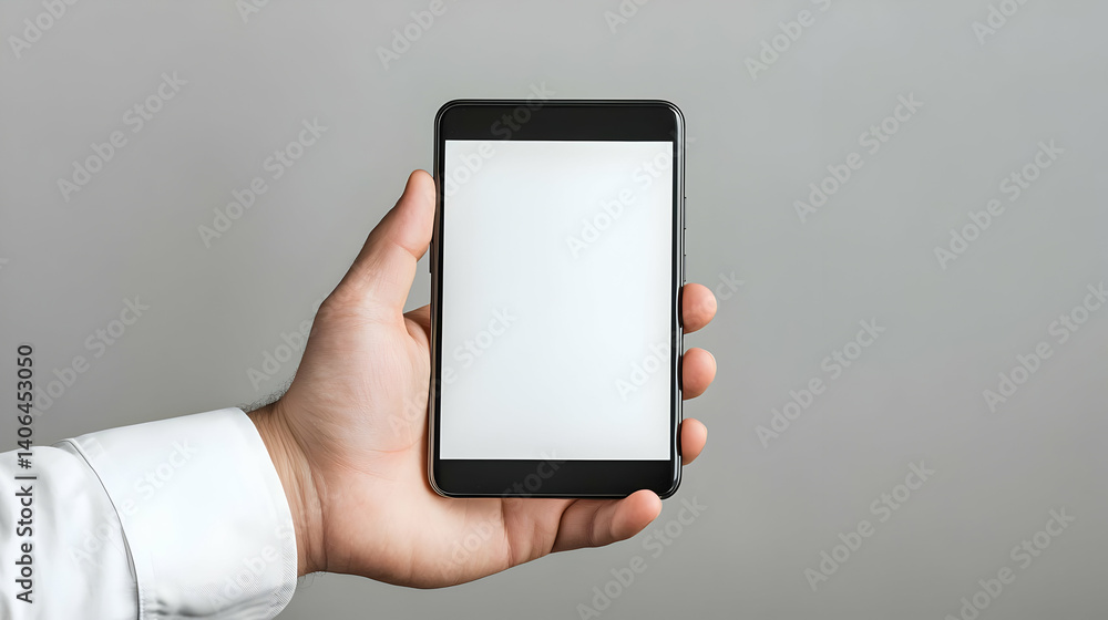 Hand Holding A Black Smartphone With A Blank White Screen Against A Simple Grey Backdrop In A Studio Setting Hand Holding A Black Smartphone With A Blank White Screen Against A Simple Grey Backdrop In A Studio Setting