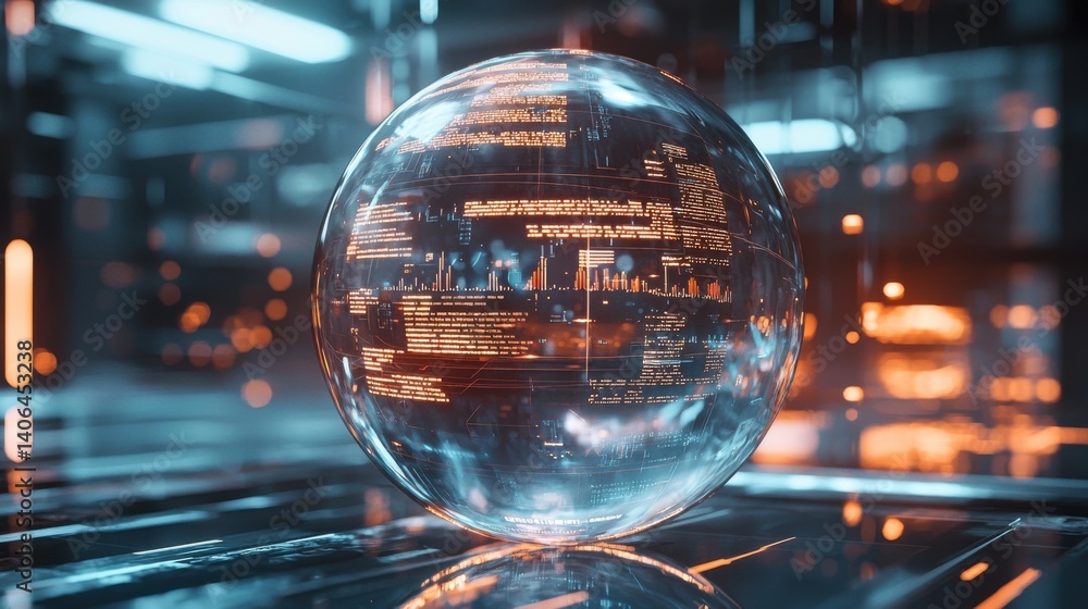 A futuristic, glowing sphere displays digital data in a sleek, high-tech environment, reflecting a blend of light and technology. A futuristic, glowing sphere displays digital data in a sleek, high-tech environment, reflecting a blend of light and technology.