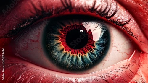 A vivid close-up of an eye showcasing dynamic colors and intricate details. The captivating gaze reveals emotion and artistry, set against a dark backdrop.