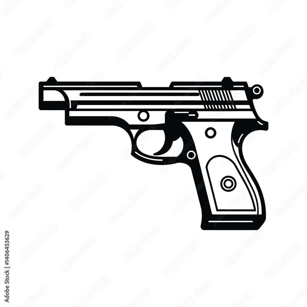 Detailed pistol Icon with trigger and grip in Black and White style on transparent BG Detailed pistol Icon with trigger and grip in Black and White style on transparent BG