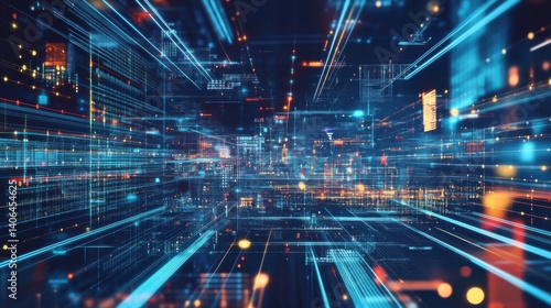 A futuristic digital landscape featuring vibrant blue and orange lights, representing data flow and technology in a cybernetic environment.