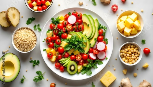 Wallpaper Mural a white plate surrounded by fresh vegetables, herbs, grains, ginger, and fruits. Torontodigital.ca