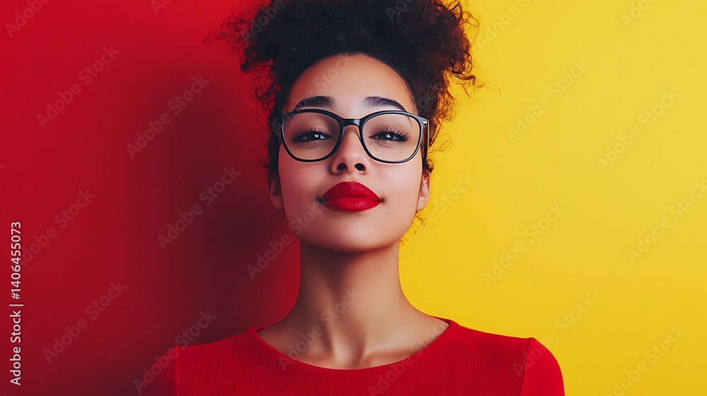 Striking portrait of a woman with red lipstick against a bold red and yellow backdrop, highlighting her confidence and unique style. Striking portrait of a woman with red lipstick against a bold red and yellow backdrop, highlighting her confidence and unique style.