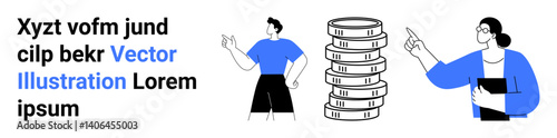 Two people communicate near a tall stack of coins, analyzing profitability and savings concepts. Ideal for business, finance, teamwork, strategy, investment, economics, simple landing page