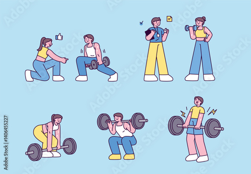 Cute flat illustrations of people weight training with dumbbells and barbells at the gym, including personal trainer guidance.