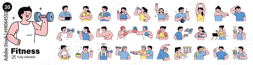 Fitness and wellness illustration bundle with 30 editable characters doing workout, boxing, stretching, eating healthy, and taking supplements.