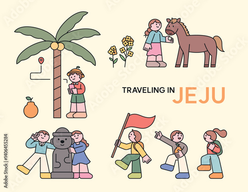 Cute flat illustrations of Jeju Island travel: Dol hareubang, horses, palm trees, tangerines, canola flowers, and tourists exploring.