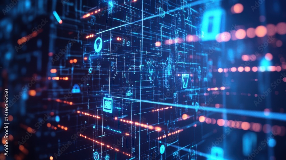 A vibrant digital network with interconnected lines and glowing icons, representing technology and data flow in a futuristic setting. A vibrant digital network with interconnected lines and glowing icons, representing technology and data flow in a futuristic setting.