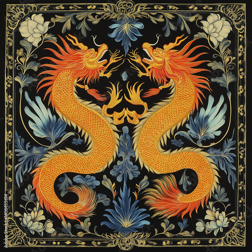 Golden Thai mythical creatures framed in ornate Kanok floral borders.