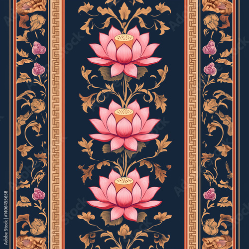 Thai traditional border design featuring lotus flowers and Kanok swirls in a seamless pattern.