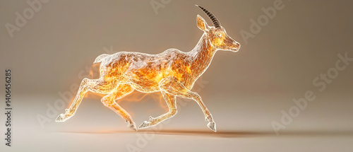 Glowing Golden Gazelle Running In Mid-Stride With Digital Particle Effects Against a Tan Studio Backdrop in a Dramatic Lighting Style