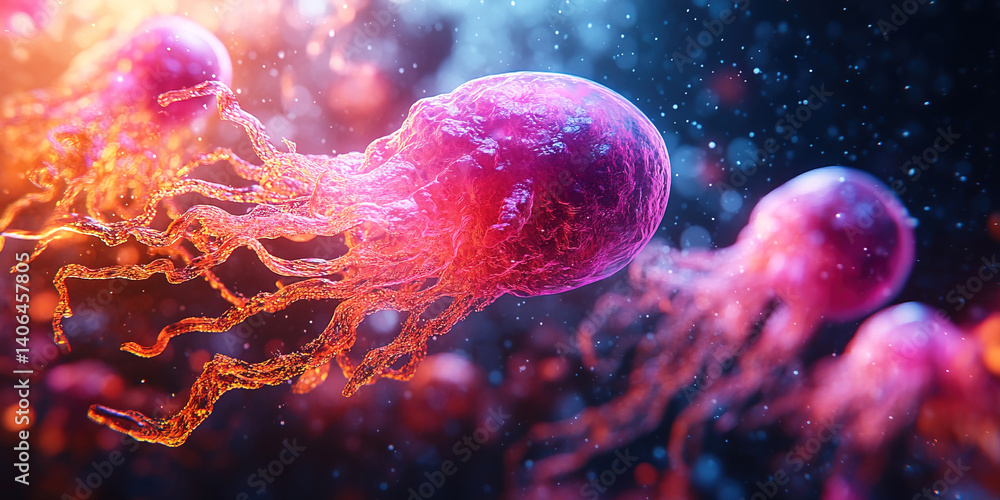 Naklejka premium Light pink sperm reproduction cells observed under a microscope in dark environment. Header banner mockup with copy space.