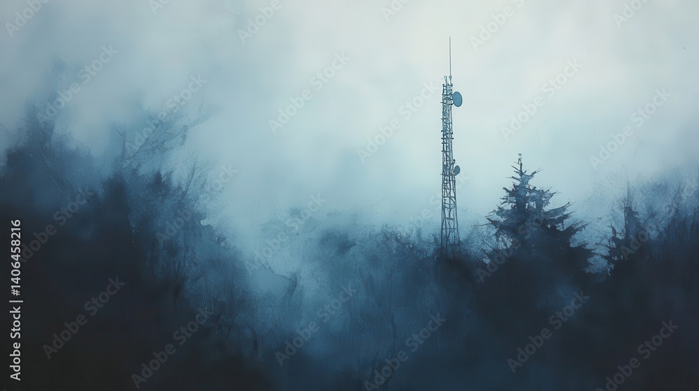 Obraz premium Misty mountaintop with communication tower.