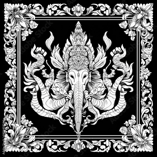 Thai line-art design in monochrome, ideal for fashion prints or packaging.