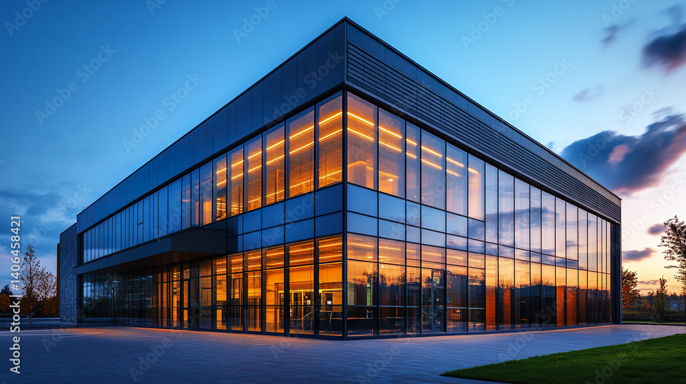 Sleek commercial building with large glass windows at sunset Sleek commercial building with large glass windows at sunset