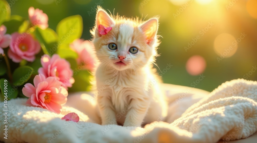 Adorable Kitten Posing Amidst Blooming Flowers in Golden Sunlight on Soft Blanket