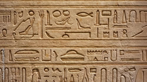 Detailed Egyptian Hieroglyphs Carved into Stone, Ancient Symbols and Text, Archaeological Site, Close Up View