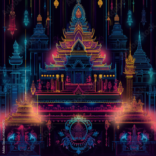 Neon Thai patterns on a dark urban background, blending tradition and street art.