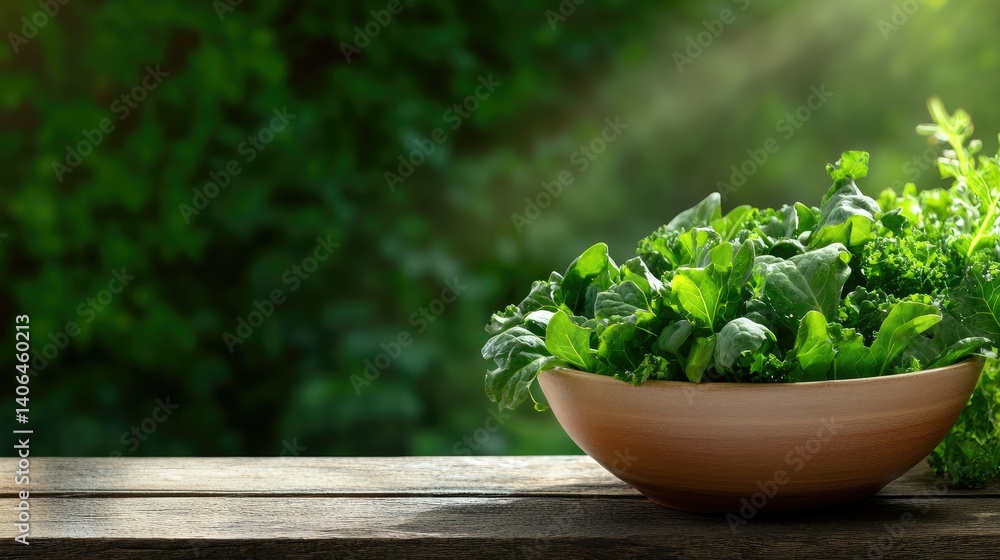 Fresh green kale leaves in ceramic bowl on rustic wooden surface, natural daylight Fresh green kale leaves in ceramic bowl on rustic wooden surface, natural daylight
