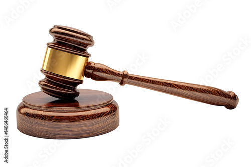 Wooden judge gavel with gold band on sound block isolated on transparent background, Symbol of law and justice, Auction hammer