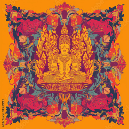 Colorful Thai ornament infused into pop art style illustration.