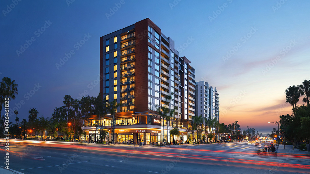 Tall condo building with retail podium and street activity at dusk