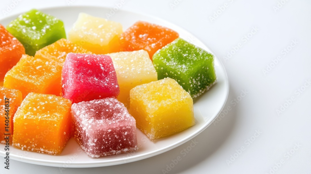 Colorful pieces of Indian barfi dessert neatly arranged on white plate over clean white background Colorful pieces of Indian barfi dessert neatly arranged on white plate over clean white background