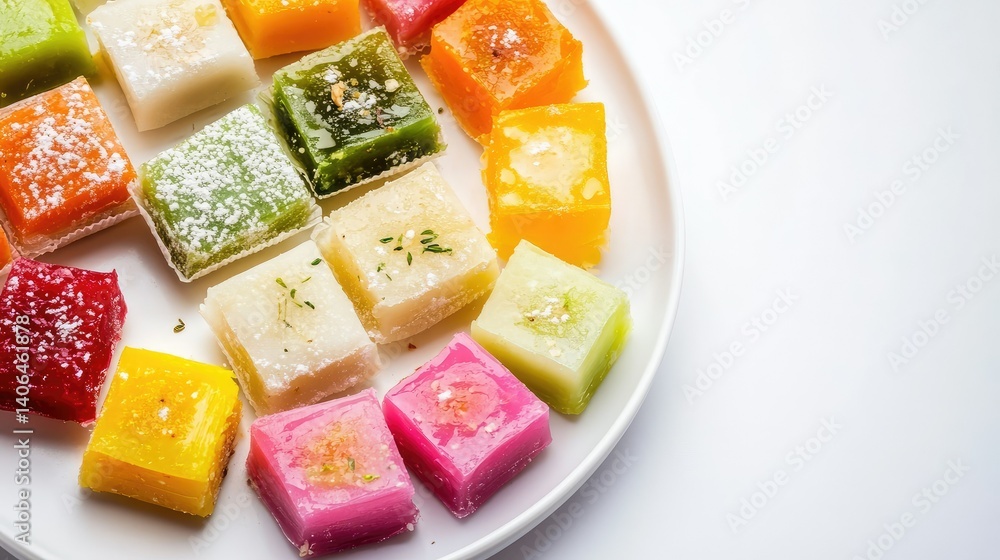 Colorful pieces of Indian barfi dessert neatly arranged on white plate over clean white background Colorful pieces of Indian barfi dessert neatly arranged on white plate over clean white background