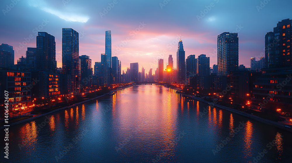 Obraz premium vibrant city skyline at sunset reflects on calm river