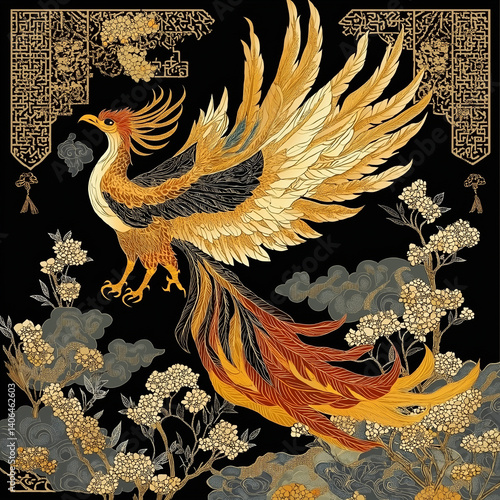 Thai-style phoenix bird flying through a sky of blooming gold patterns