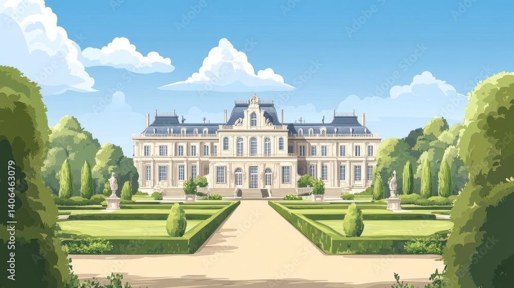 Obraz premium Elegant French chateau, meticulously landscaped gardens.