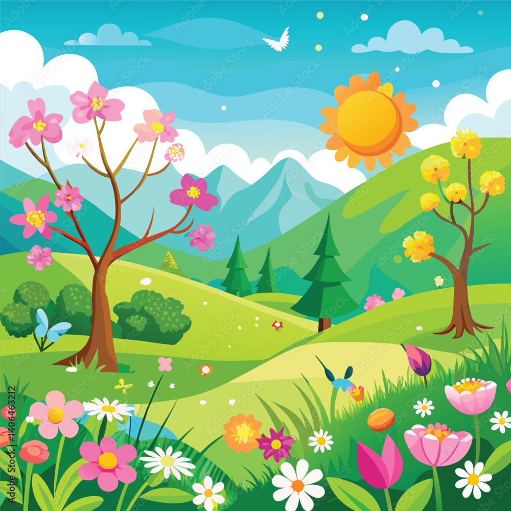 Fototapeta premium spring landscape with trees and flowers