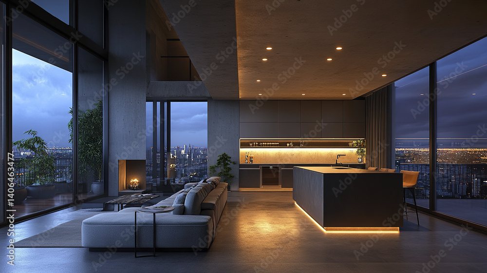 Naklejka premium modern urban apartment interior with sleek kitchen and bar, featuring city views