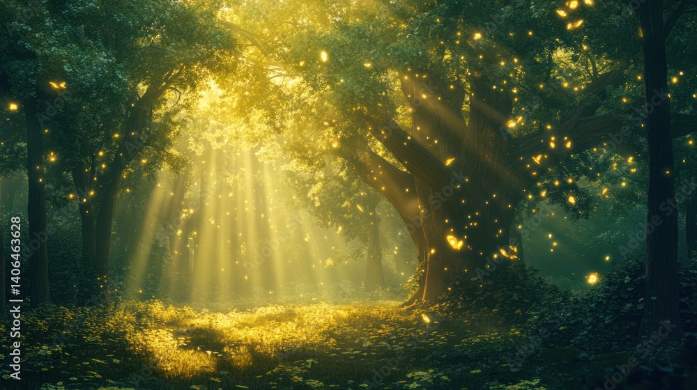 Ethereal forest landscape featuring light rays and glowing particles of light Ethereal forest landscape featuring light rays and glowing particles of light