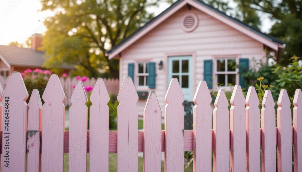 Pink picket fence in front of a charming pink cottage home A summer afternoon scene Pink picket fence in front of a charming pink cottage home A summer afternoon scene