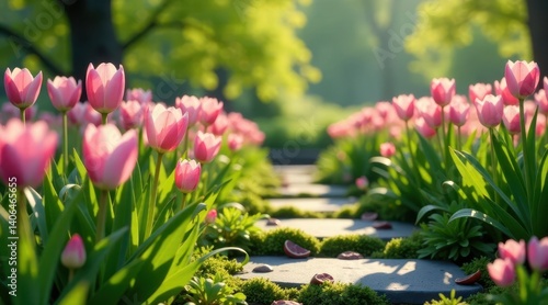 Serene Pathway Lined with Delicate Pink Tulips Blooming in the Gentle Sunlight of a Spring Day