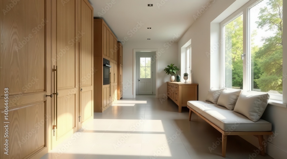 Sunlit Hallway with Light Oak Cabinets and a Comfortable Bench