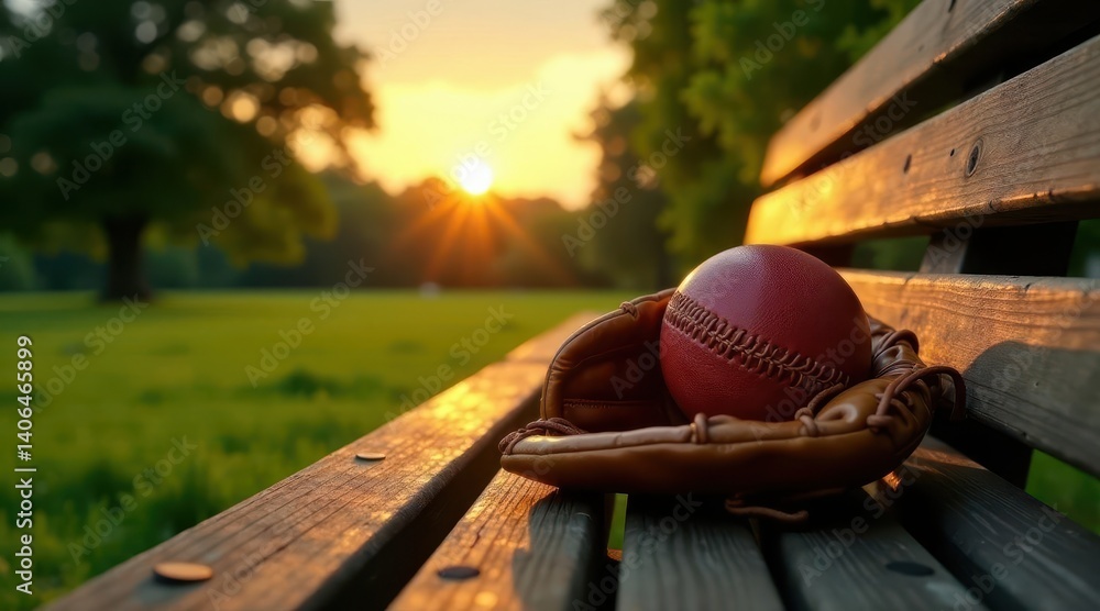 Golden Hour Serenity A Baseball Glove and Ball Resting on a Wooden Bench in a Tranquil Park at Sunset