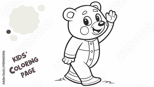 kids coloring page, a cuddly teddy bear waving, cartoonish, friendly, thick outlines