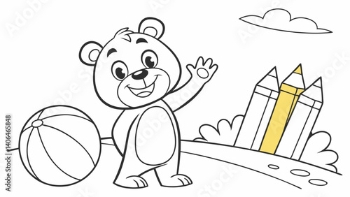 kids coloring page, a cuddly teddy bear waving, cartoonish, friendly, thick outlines